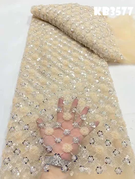 Бяла лейси плат с високо качество 2023 Синя лейси плат с 3D цветя Френска окото с последователност за булчински рокли на Сватбен шивашки
