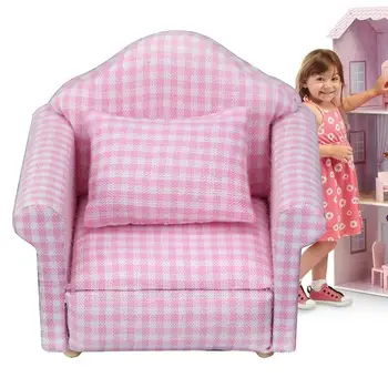 Диван за куклена къща 1 Стол с висока имитация на мека тапицерия С възглавница Мебели за хола Дървена Играчка на Тъканта, Единично