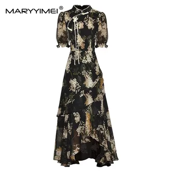 MARYYIMEI, Модерен пролетно-лятно женствена рокля, къс ръкав, beading, стоящ яка, цветен принт, къдри, Елегантни рокли