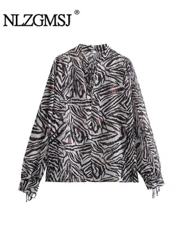 ТРАФИКА 2024 Есенна риза Дамски Реколта Ежедневна блуза с домашен любимец модел, офис дамски ризи с дълъг ръкав, Шик върховете