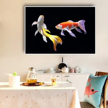 Риби Кои Лотос, черно платно, художествена живопис, плакати и щампи, скандинавски изкуство, скандинавски стенни картина за вашия интериор, хол и кухня