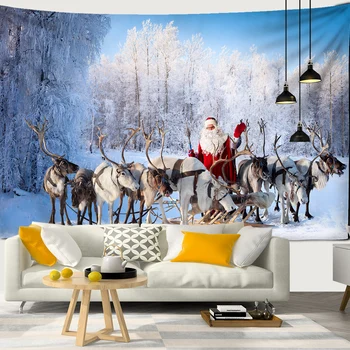 Сняг, Коледна Елха, камина, Гоблен с принтом Дядо Коледа, монтиран на стената фон, Текстилен интериор, Декорация на стените Коледна домашна стая