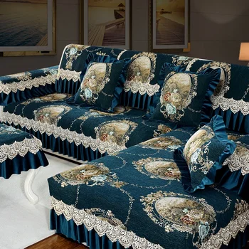 Луксозна подложка за дивана от шенилна, Европейски стил, филтър с голям цвете, устойчива на плъзгане възглавница за седалката, Зимно покритие от масивно дърво, калъф за дивана с пълно покритие