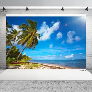 Снимков фон на плажа с кокосова палма, на фона на компютърна печат за деца, детски портрет, живописна фотосесия, любима снимка
