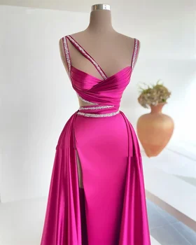 Секси розова вечерна рокля с бретельками на спагети презрамки с дължина до пода, блестящо плиссированное вечерна рокля русалка с цепка, атласное вечерна рокля-русалка