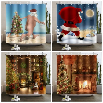 Завеса в банята с шарени елхи, Дядо Коледа, Начало декор, Водоустойчив вана, душ кабина 