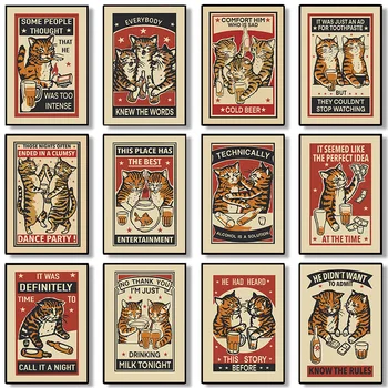 Смешни красиви котки, плакат денс-партита, печат върху платно, боядисване с животни, бира, Реколта стенни картина за декорация на дома в хола