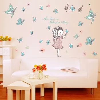 Мультяшная сладко момиче, пеперуда, цвете, стикер за стена За хол, спалня за момичета, детски стаи, аксесоари за дома, стикери за стена, боядисване