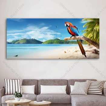 Модерен папагал, който стои на плаж с палми, живопис върху платно, постери с животни и морски пейзажи, щампи за декора на стените на хола