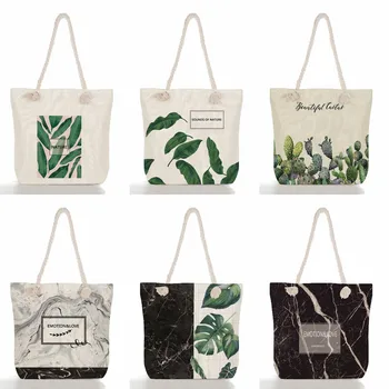 Мъкна с голям капацитет Творчески чанти за пазаруване с принтом листа, Дебела веревочная чанта през рамо, чанти с логото на дизайнерски по поръчка, сгъваеми чанти