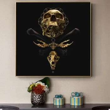 Златен череп с черен бичи рога Картина на платно на стената на Художествени плакати и щампи Абстрактно съвременно изкуство и Картини от плат за стая