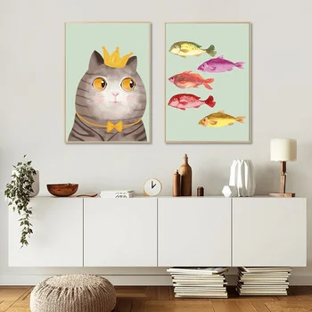 Смешно котка, обърнете внимание На Плакат с принтом Риба, Мультяшные Риба и котки, Живопис върху платно, монтиран на стената Артистичен интериор за хол