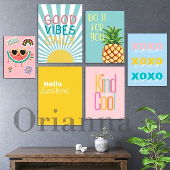 Цветни чертежи за спалнята или общежития за момичета Good Vibes XOXO Pineapple Kind - това е готино, стенни художествени плакати, щампи за дома, подарък върху платно