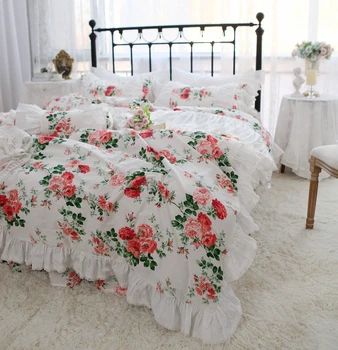 Комплект спално бельо с принтом червени рози, Луксозна сватбена спално бельо принцеса, Завързана чаршаф от Египетски памук, полата за легла, Калъфки за възглавници