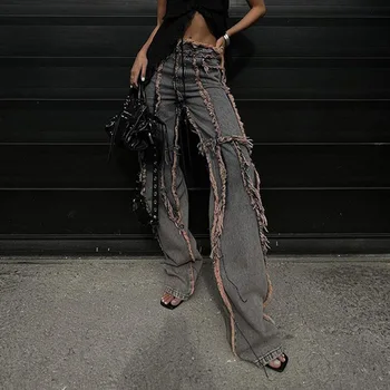 CINESSD Улични дънки в стил хип-хоп с волани за жени 2024, пролетни лоскутные панталони с прав штанинами, универсални ежедневни панталони с висока талия WS1282