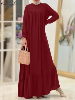 ZANZEA Дамско Елегантно есента модно мюсюлманската Макси рокля с дълъг ръкав Robe Femme Marocain Ислямска облекло Сарафан с къдри хем