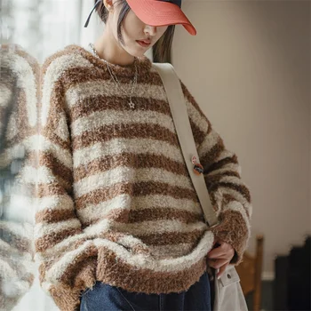 Maden Женски американски пуловер с вериги, velvet в пуловер на райета, есен-зима, Вязаный Топло топ с подплата