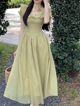 Ново секси зелена рокля Jielur с открити рамене, лятно Японска сладка рокля с висока талия, модерни Елегантни Дамски рокли с волани.