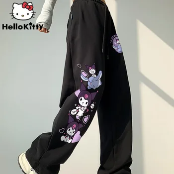 Sanrio Kuromi/ Нови Черни широки панталони с принтом в стил мультяшного Харадзюку, Эстетичные широки панталони с висока талия, дамски Ежедневни Универсални панталони
