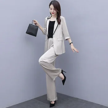 Малко по женски костюм 2022 година, Корейската мода, ежедневни Леки панталони в стила на зряла Хепбърн, професионални широки панталони, комплект дрехи от две части
