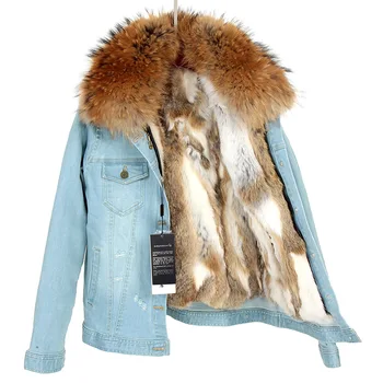 2020new модната марка, женски джинсовое палто, деним яке за момичета, естествена кожа заек, дебела подплата, яка от кожа на миеща мечка, яке-бомбер, водене жив топло