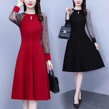 Корейската модни дрехи големи размери, Дамски пролет 2023, Сетчатое срастване, на малка отворена рокля с дълъг ръкав, Дамски работни облекла Z133