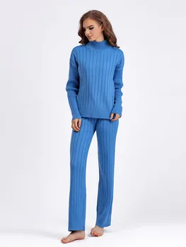 Минималистичные комплекти от 2 теми Дамски дрехи, Пуловер и панталони Normcore с дълъг ръкав в син цвят Дамски комплекти за тон