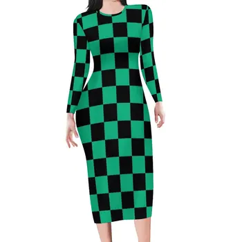 Зелена и черна рокля в шахматна дъска модел, секси ретро-квадратно естетическо дебнещ рокля с дълъг ръкав, секси рокли, дизайн Oversize Vestidos