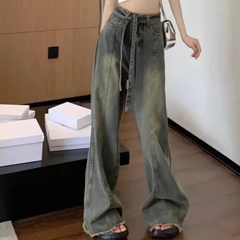 Летни Дамски дънки в американски стил, ретро стил, свободно намаляване, Корейски младежки случайни дизайн за пътуване, широки панталони с прав штанинами.