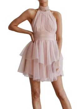 Елегантна Женствена рокля на бретелях от тюл с мрежа-рюшами и завязкой на гърба за жени - Лятна рокля-дреха Без ръкави Трапецовидна форма Y2K