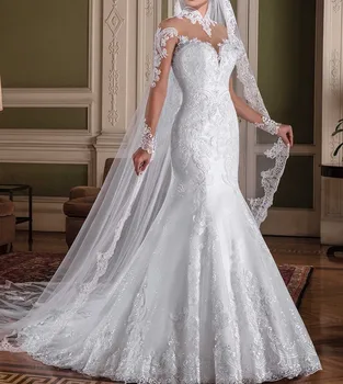 Vestido de noiva/ Сватбени рокли на Русалка с дълги ръкави и кружевными апликации с висока воротом, сватбени рокли 2019 Robe de mariee Casamento