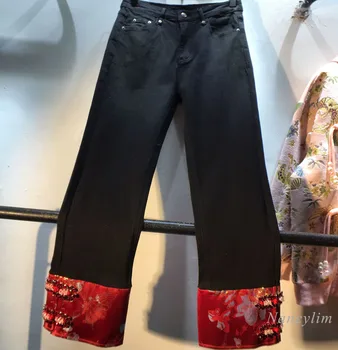Новият китайски стил зима черни дънки за жени на нови кръпки Diamond формовани Сатен, с Висока Талия, за отслабване, участък скъсяване на дънки панталони