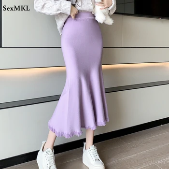 Елегантни възли дълги поли за жени 2023, есен-зима, Faldas Mujer, всекидневни Корейски стил, тънка виолетово-черна пола облегающая