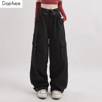 Черни дамски панталони-карго Dophee, нови есенни прави панталони с джобове и висока талия, свободни ежедневни тела Spice Girls