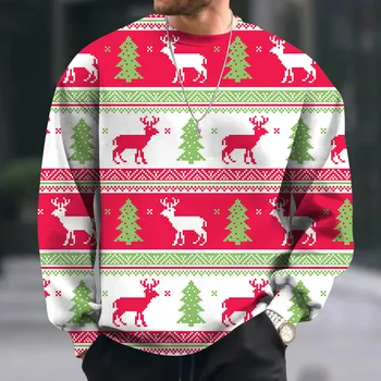 Hoody Мъже с коледните принтом, всекидневни пуловер с дълъг ръкав и кръгло воротом, пуловер за партита, Коледни свитшоты с дълъг ръкав