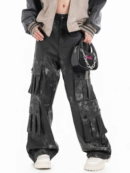 Дамски Панталони-Карго от Изкуствена Кожа Academia Crazy-horse с много джобове, Оръфан Гръндж-Пънк Y2k, Черни Панталони в Готически Стил за Жени И Момичета
