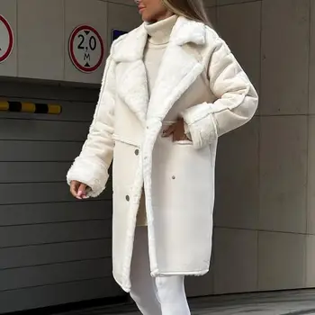Дългата кожа яке, бельо плюшевое палто с яка издържа с ревери, двубортные джобове, есен-зима, средна дължина, дълъг ръкав