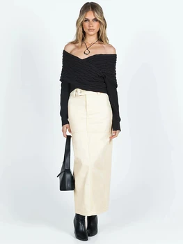 Модерен дамски дънкови пола в стил ретро с висока талия, открита в една пуговице, модни корея деним пола с цепка