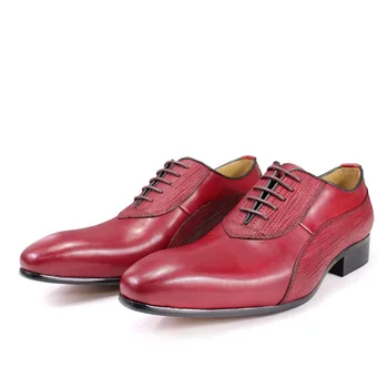 Луксозни дизайнерски мъжки обувки за сватба, ръчно изработени, модерен бизнес обувки Oxfords дантела от естествена кожа, Червени, Черни