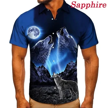 Ризи с 3D принтом Wolf Animel за мъже, ежедневни модни блузи с къс ръкав и ревери, градинска облекла от полиестер, ризи с копчета, мъжки ризи