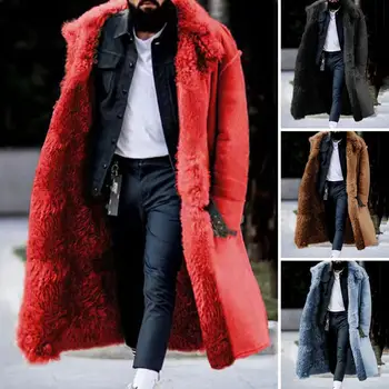 Мъжко дълго зимно палто от изкуствена кожа, Мек Плюш, Монофонични дълъг ръкав, однобортный на ревера, Дебела топло яке със средна дължина на открито