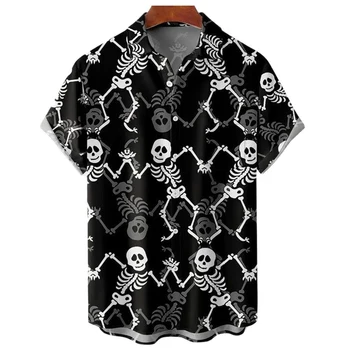 Esqueleto Camisas Havaianas Homem Trajes Festivos Rua Hip Hop Moda Manga Curta 2023 Camisas De Хелоуин Para Homens