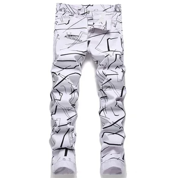 Есенна мъжка линия бели дънки в стил пънк с дигитален печат, ежедневните дънки с висока талия, памучни панталони, мъжки дрехи