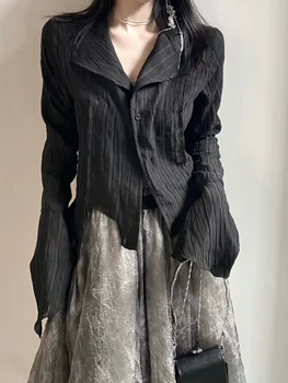 Y2k Блуза Дамски Реколта Черна риза в готически стил Harjauku Плиссированная копчета Корея Тъмно облегающая с Дълъг ръкав Дамски Эстетичная