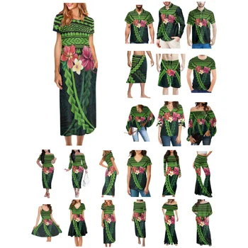 Полинезийская Тонга, Хавай, Фиджи, Гуам, Самоа, Дрехи с татуировки племе понпеи, Женствена рокля, мъжка риза в тон, Дрехи за любителите на зелено