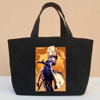 Черна холщовая чанта Genshin Impact, ежедневни големи чанти за жени, дамски чанта за пазаруване, чанта с принтом голям капацитет