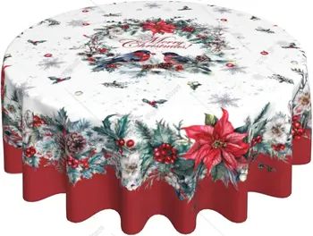 Червено-бяла Коледна покривка Кръгла 60-инчов Коледа е коледната звезда, устойчиви на петна полиестерна покривка с снежинками, Зимни декорации