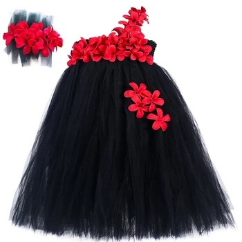 Черно-червена рокля-пакетче с цветна Фея с едно рамо, детско принцеса рокля, Бална рокля За момичета, Сватбена вечерна рокля от тюл за момичета