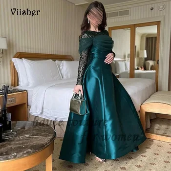 Зелени сатенени вечерни рокли трапецовидна форма с пайети, дълъг ръкав, О-образно деколте, Арабско вечерна рокля за абитуриентски бал в Дубай, вечерни рокли с дължина до пода