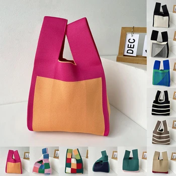 Вязаная Чанта Ръчно изработени Дамски Мини Чанта за Китката С Възел, Японската Ежедневни Цветна Чанта В Широка Ивица В Клетката, Студентски Торби за Многократна употреба За Пазаруване